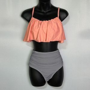 Cupshe Orange White Stripe Swimsuit High Waisted Flounce Bikini Set Size…